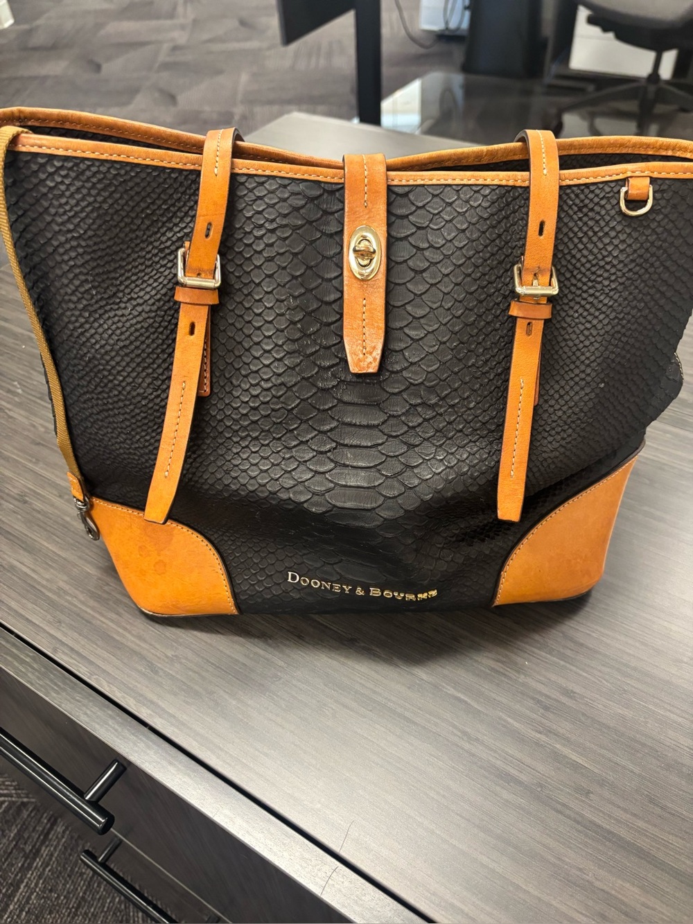 Dooney & Bourke Black Tote with Tan Trim and Textured Body